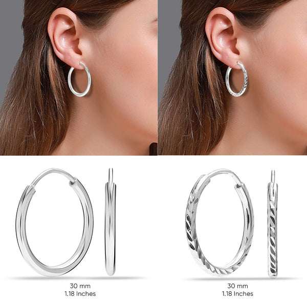 925 Sterling Silver Set of 2 Pairs Endless Sleeper Diamond-cut Classic Hoop Earrings for Women 30mm