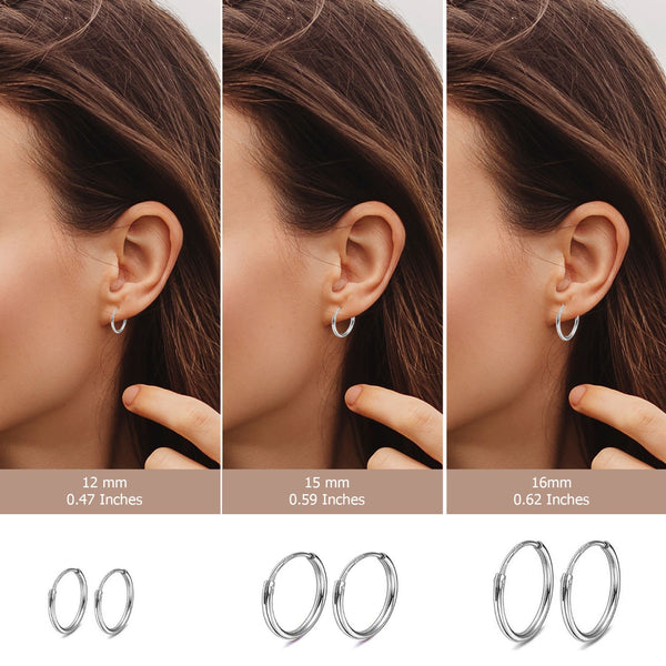 925 Sterling Silver Endless Small Hinged Hoop Earrings for Women Set of 3 Pair