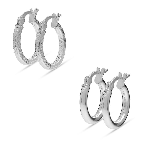 925 Sterling Silver Textured Diamon Cut Classic Hoop Earrings for Women Set of 2 Pairs
