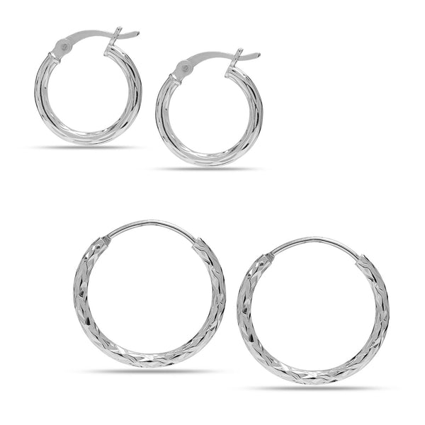 925 Sterling Silver Diamond Cut Endless Hoop Earrings for Women Set of 2 Pairs