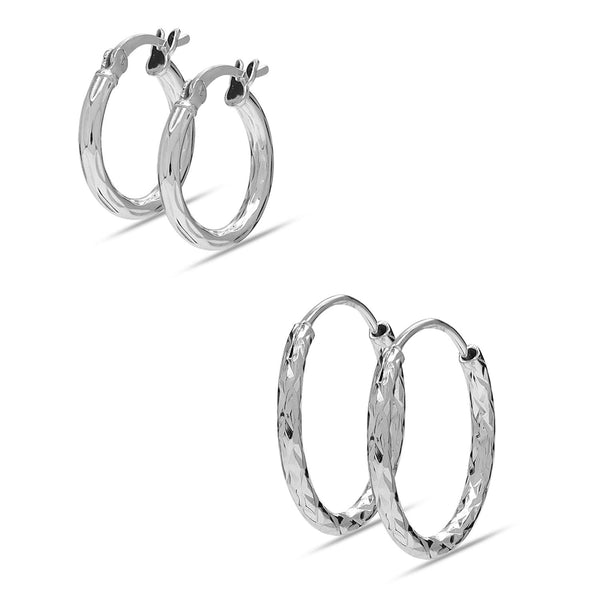 925 Sterling Silver Diamond Cut Endless Hoop Earrings for Women Set of 2 Pairs