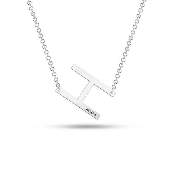 Personalised 925 Sterling Silver Large Initial with Engravable Name Offset Pendant Necklace for Men Women and Teen