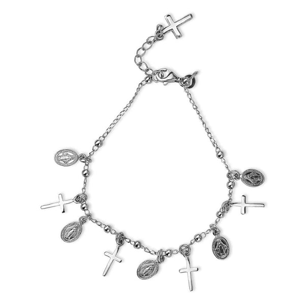 LeCalla Buy 925 Sterling Silver Religious Cross with Mother Mary Medallion Charm Bracelet for Women