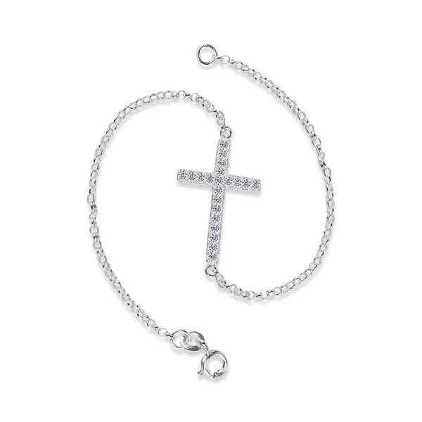925 Sterling Silver Light Weight Cross Bracelet CZ Stone Studded Religious for Women