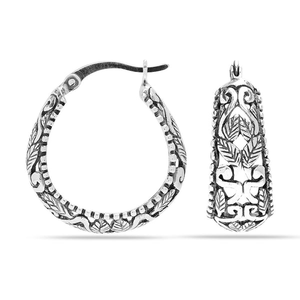 925 Sterling Silver Antique Floral Filigree Light-Weight Small Oval Hoop Earrings for Women
