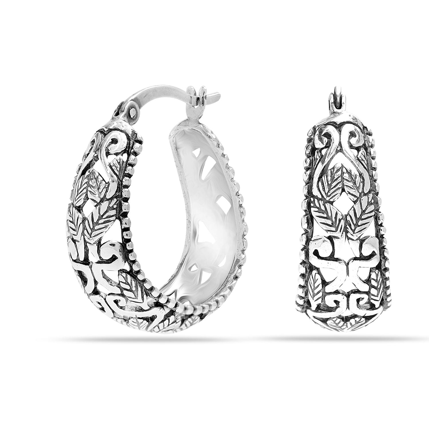 925 Sterling Silver Antique Floral Filigree Light-Weight Small Oval Hoop Earrings for Women