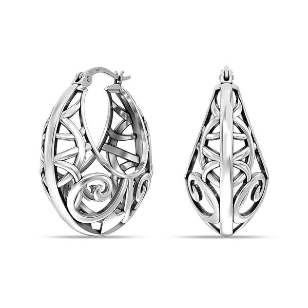 925 Sterling Silver Small Antique Oxidized Round Heart Filigree Hoop Earrings for Women