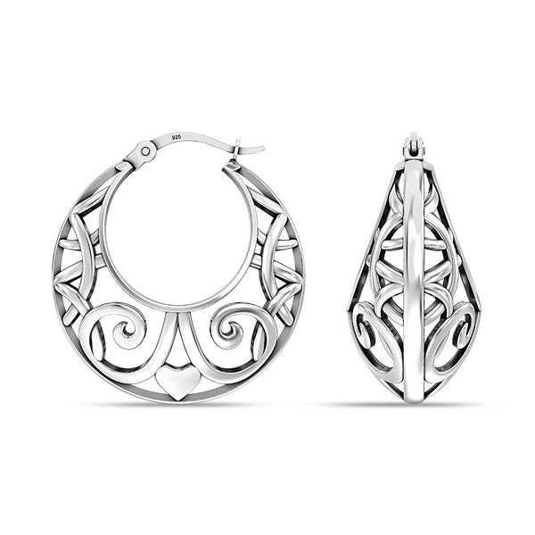 925 Sterling Silver Small Antique Oxidized Round Heart Filigree Hoop Earrings for Women