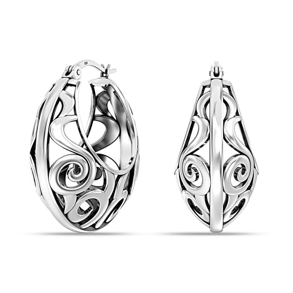 925 Sterling Silver Antique Round Textured Filigree Hoop Earrings for Women
