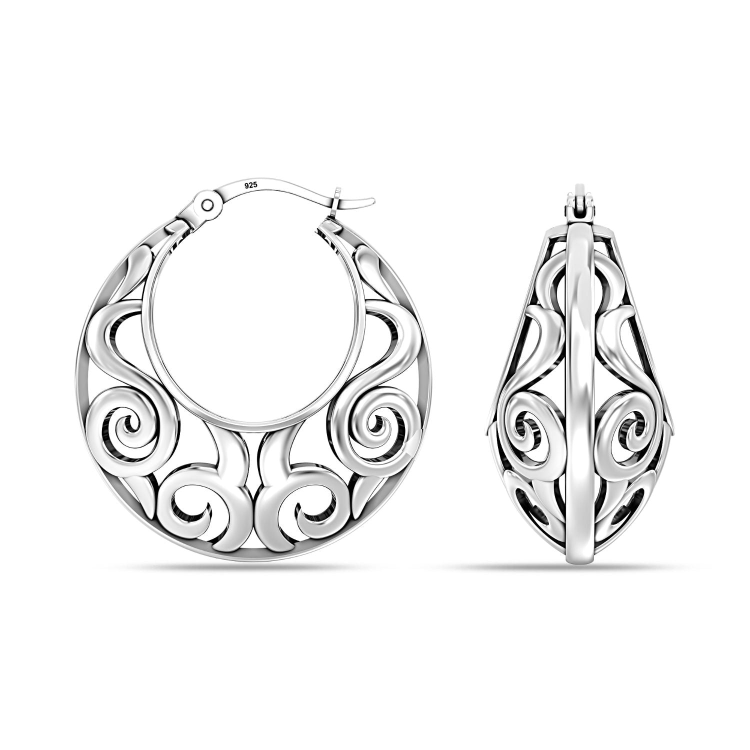 925 Sterling Silver Antique Round Textured Filigree Hoop Earrings for Women