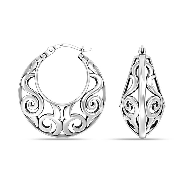 925 Sterling Silver Antique Round Textured Filigree Hoop Earrings for Wome