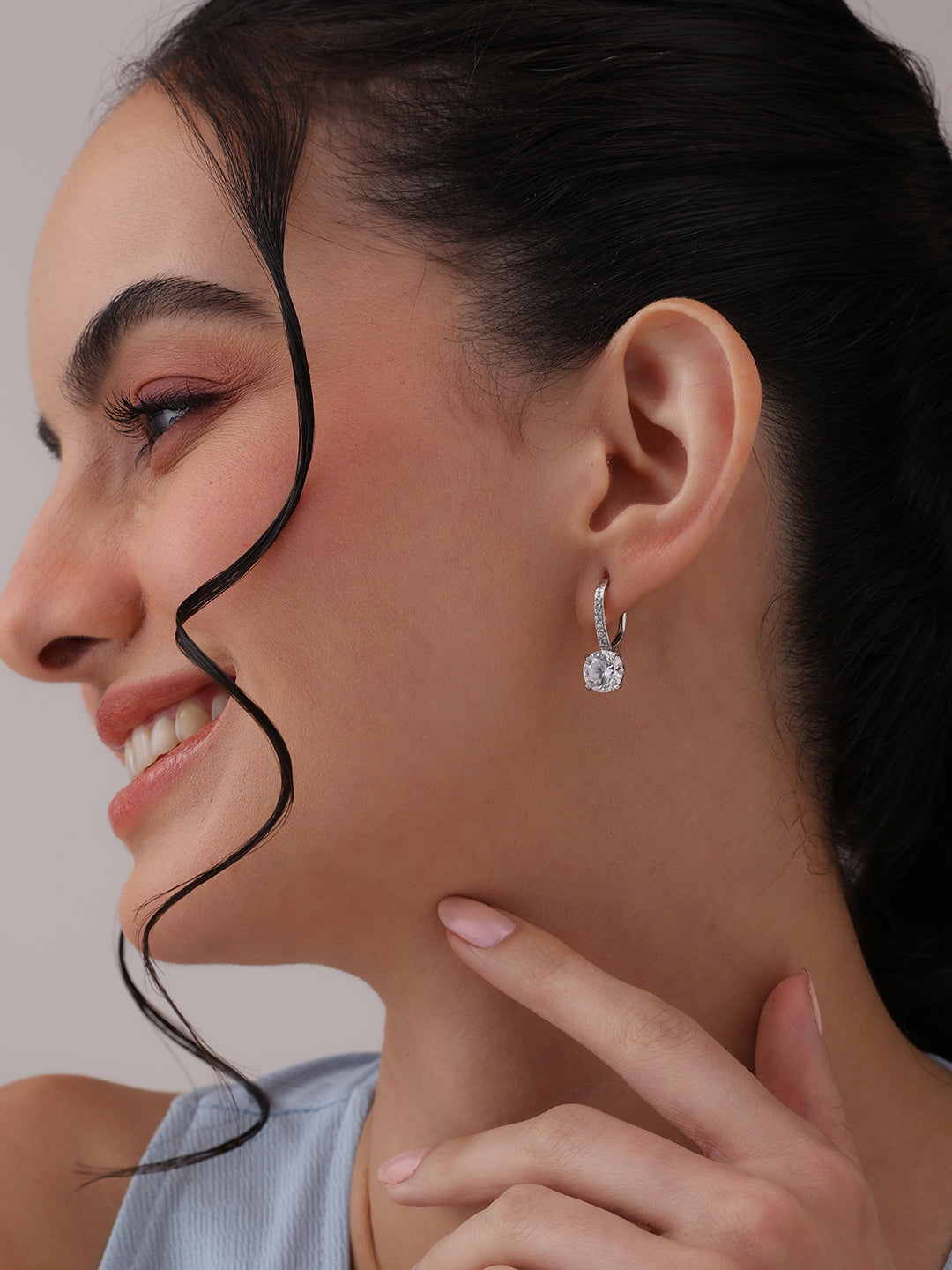 Rhodium CZ Leverback Drop Earrings
