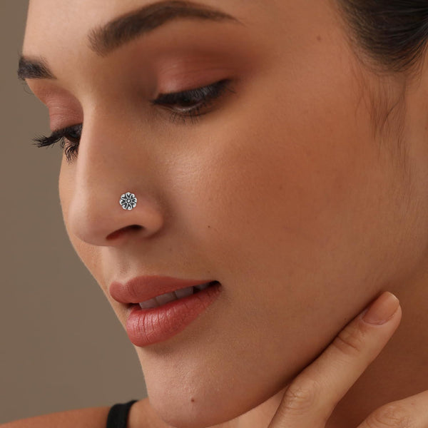 925 Sterling Silver Oxidised Flower Nosepin for Women