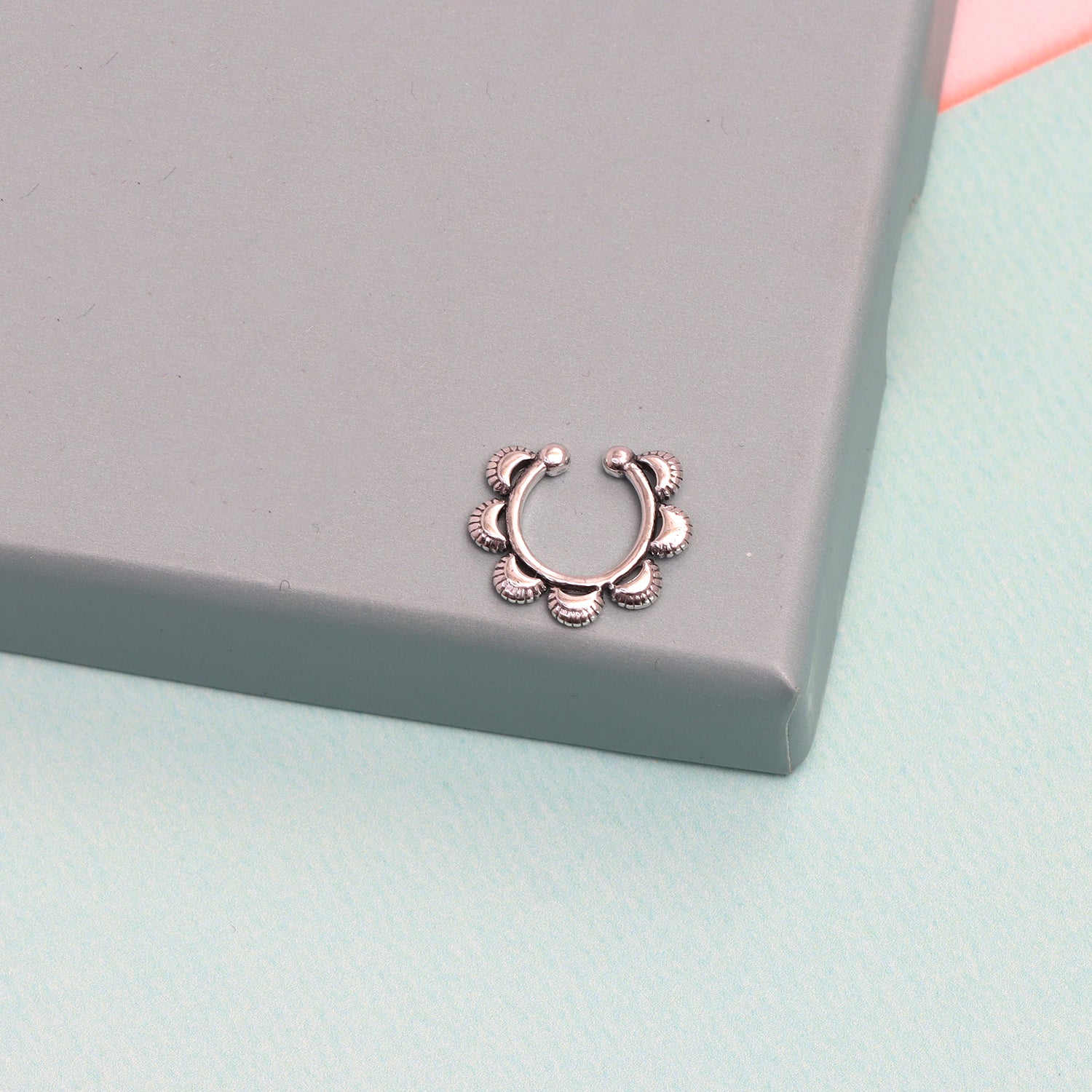 925 Sterling Silver Engraved Moon Motif Design Clip-On Septum Nose Pin for Women