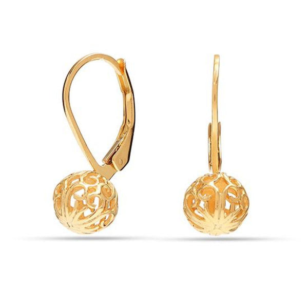 925 Sterling Silver 14K Gold-Plated Filigree Ball Fixed Leverback Dangle Earrings for Women Teen