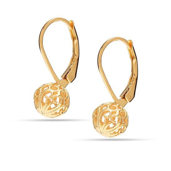 925 Sterling Silver 14K Gold-Plated Filigree Ball Fixed Leverback Dangle Earrings for Women Teen