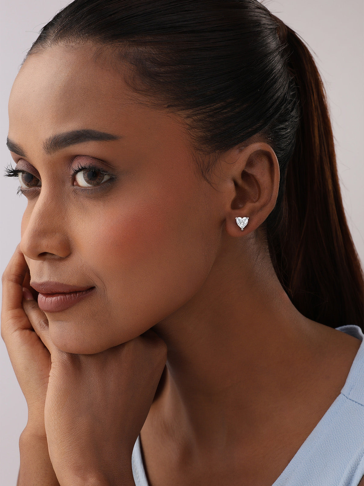 Silver Heart-Shaped Crystal Studs