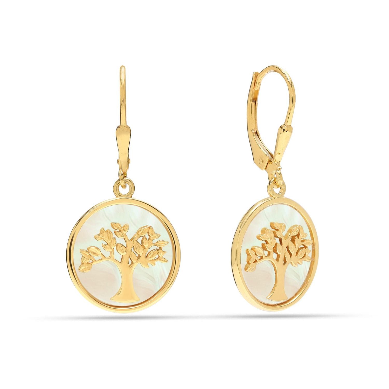 925 Sterling Silver 18K Gold-Plated Mother of Pearl Tree of Life Leverback Dangler Earrings for Women Teen