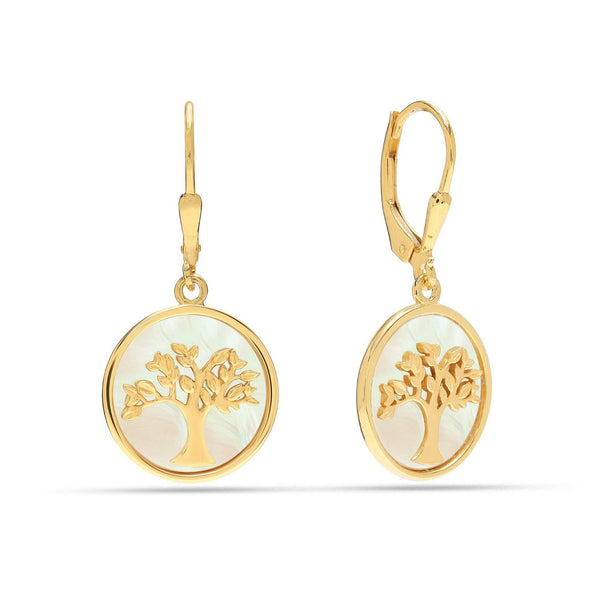 925 Sterling Silver 18K Gold-Plated Mother of Pearl Tree of Life Leverback Dangler Earrings for Women Teen