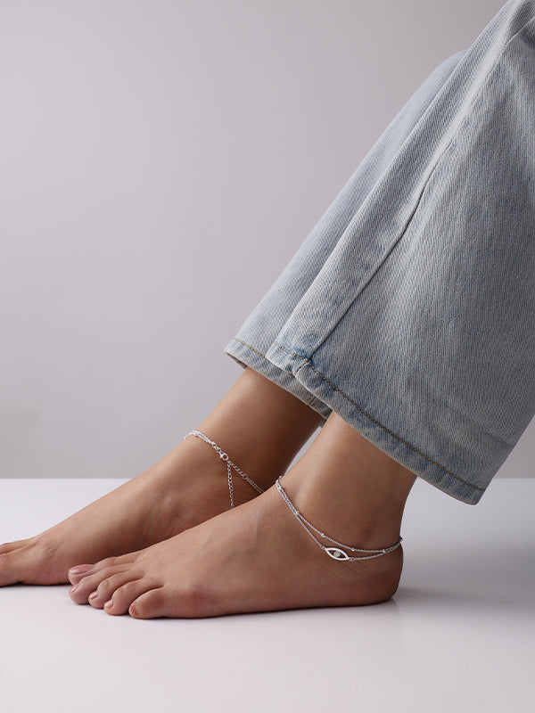Celestial Opal Evil Eye Layered Anklet - Set of 2