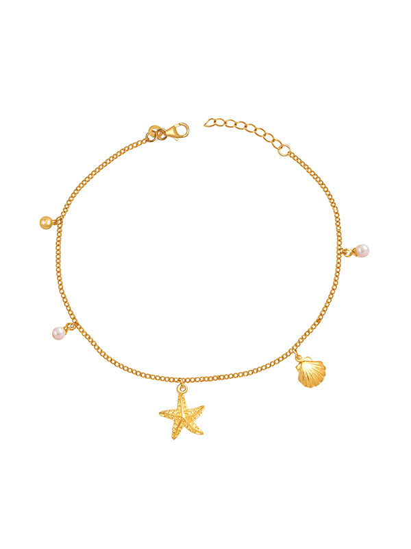 Ocean Whispers Gold-Plated Starfish & Seashell Charm Anklet