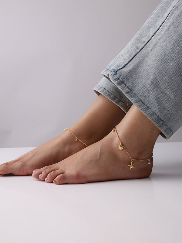 Ocean Whispers Gold-Plated Starfish & Seashell Charm Anklet