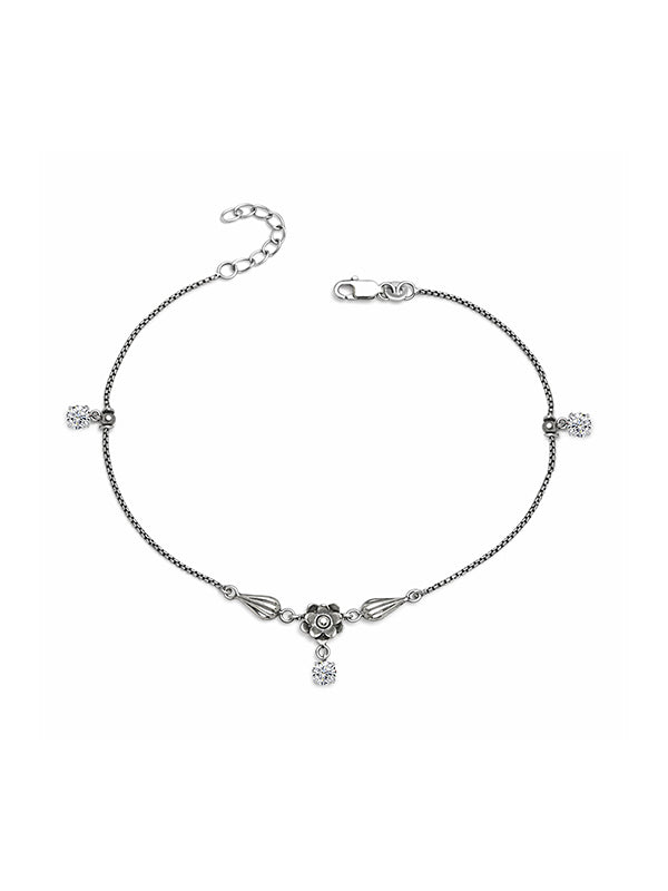Eternal Bloom Antique Silver CZ Floral Anklet