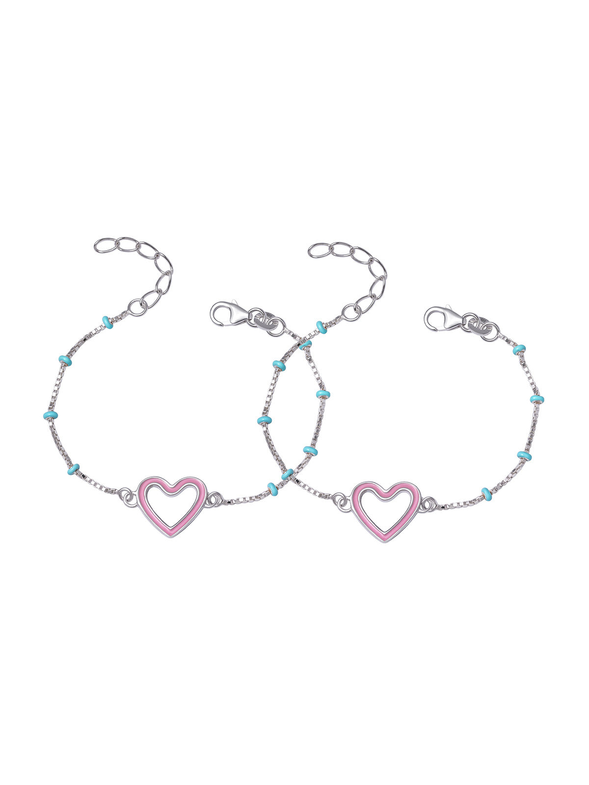 Enamel Pink Heart & Turquoise Bead Silver Kids Anklets (Pair)