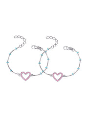 Enamel Pink Heart & Turquoise Bead Silver Kids Anklets (Pair)