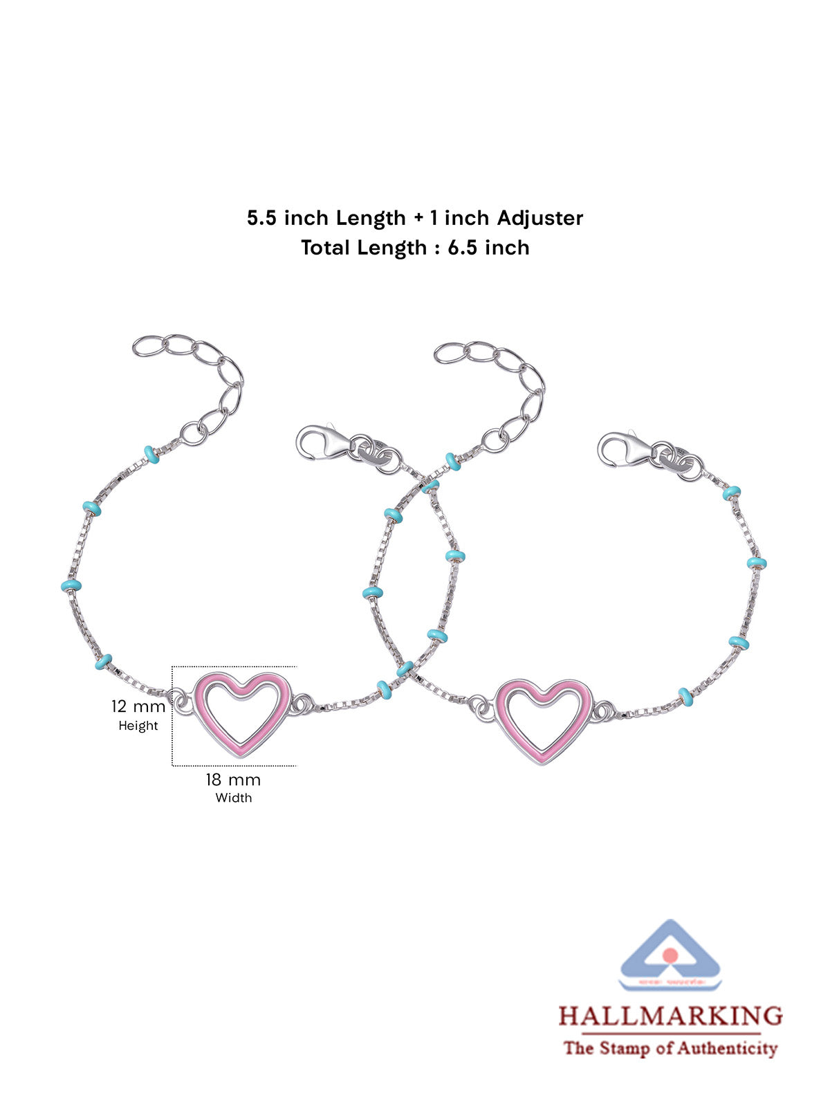 Enamel Pink Heart & Turquoise Bead Silver Kids Anklets (Pair)