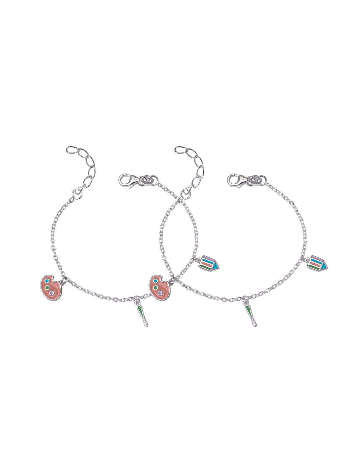 Enamel Artist Palette & Pencil Silver Kids Anklets (Pair)