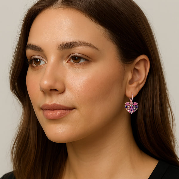 925 Sterling Silver Diamond-Cut Filigree Heart Shaped Enamel Drop Dangle Earrings For Women