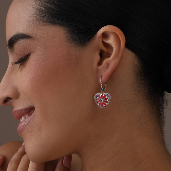 925 Sterling Silver Diamond-Cut Filigree Heart Enamel Drop Dangle Earrings For Women