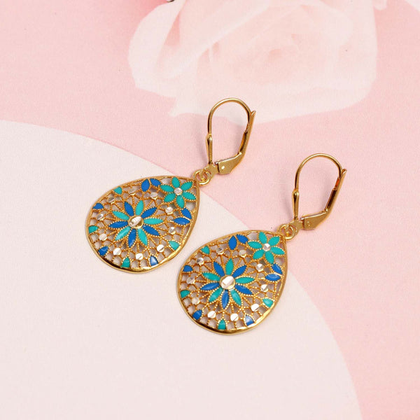925 Sterling Silver 14K Gold-Plated Filigree Teardop Shaped Vintage Drop Dangle Earrings for Women