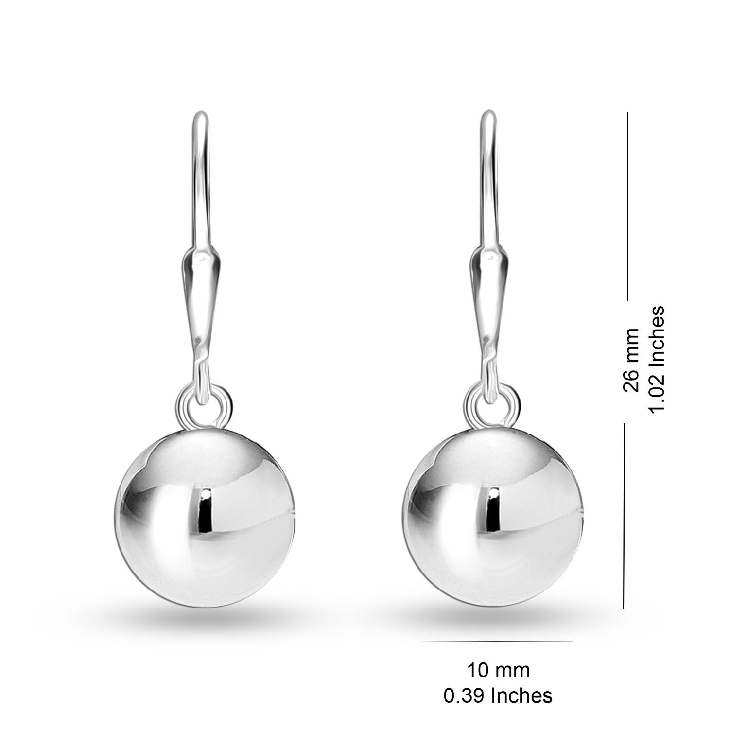 925 Sterling Silver Jewellery Light-Weight Dangle Ball Drop Leverback Earrings for Women 10MM
