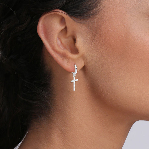 925 Sterling Silver Cross Tiny Huggie Diamond-Cut Religious Leverback Dangler Earrings for Women