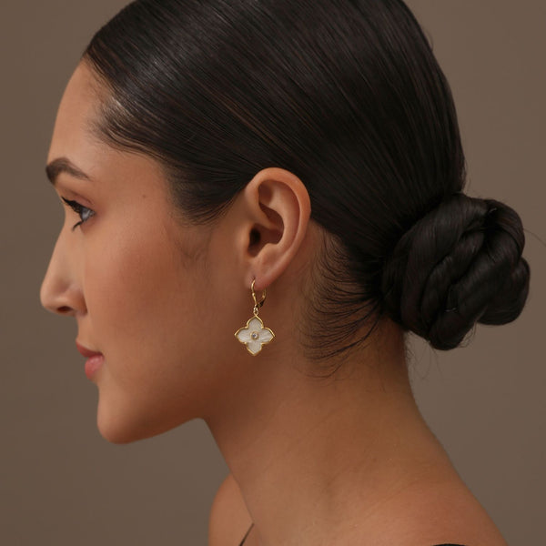 925 Sterling Silver 14K Gold-Plated Zirconia Mother of Pearl Clover Flower Leverback Drop Dangle Earrings for Women Teen