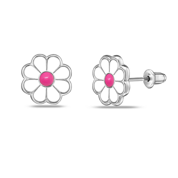 925 Sterling Silver Rhodium Plated Enamel Daisy Flower Stud Earrings for Kids and Girls