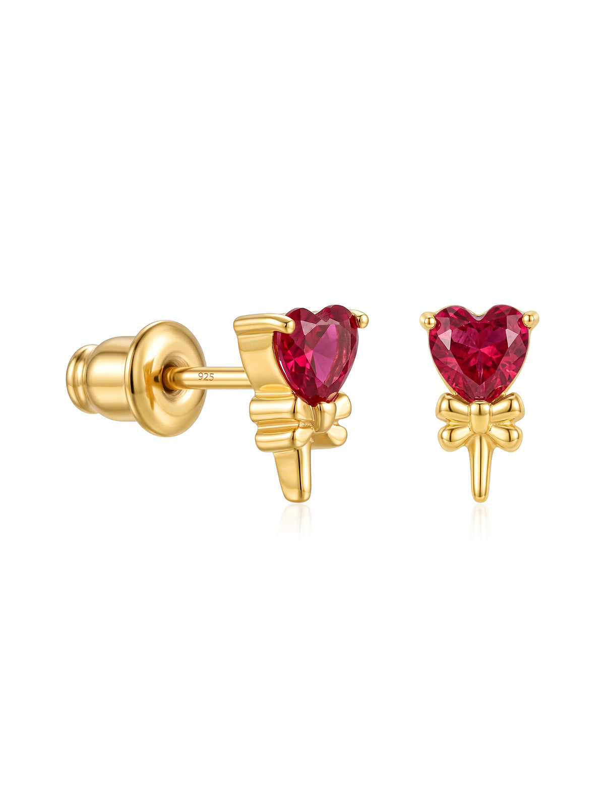Red Heart Gemstone Bow Gold-Plated Kids Stud Earrings
