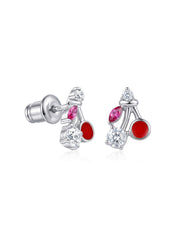 Enamel Cherry & Cubic Zirconia Silver Kids Stud Earrings
