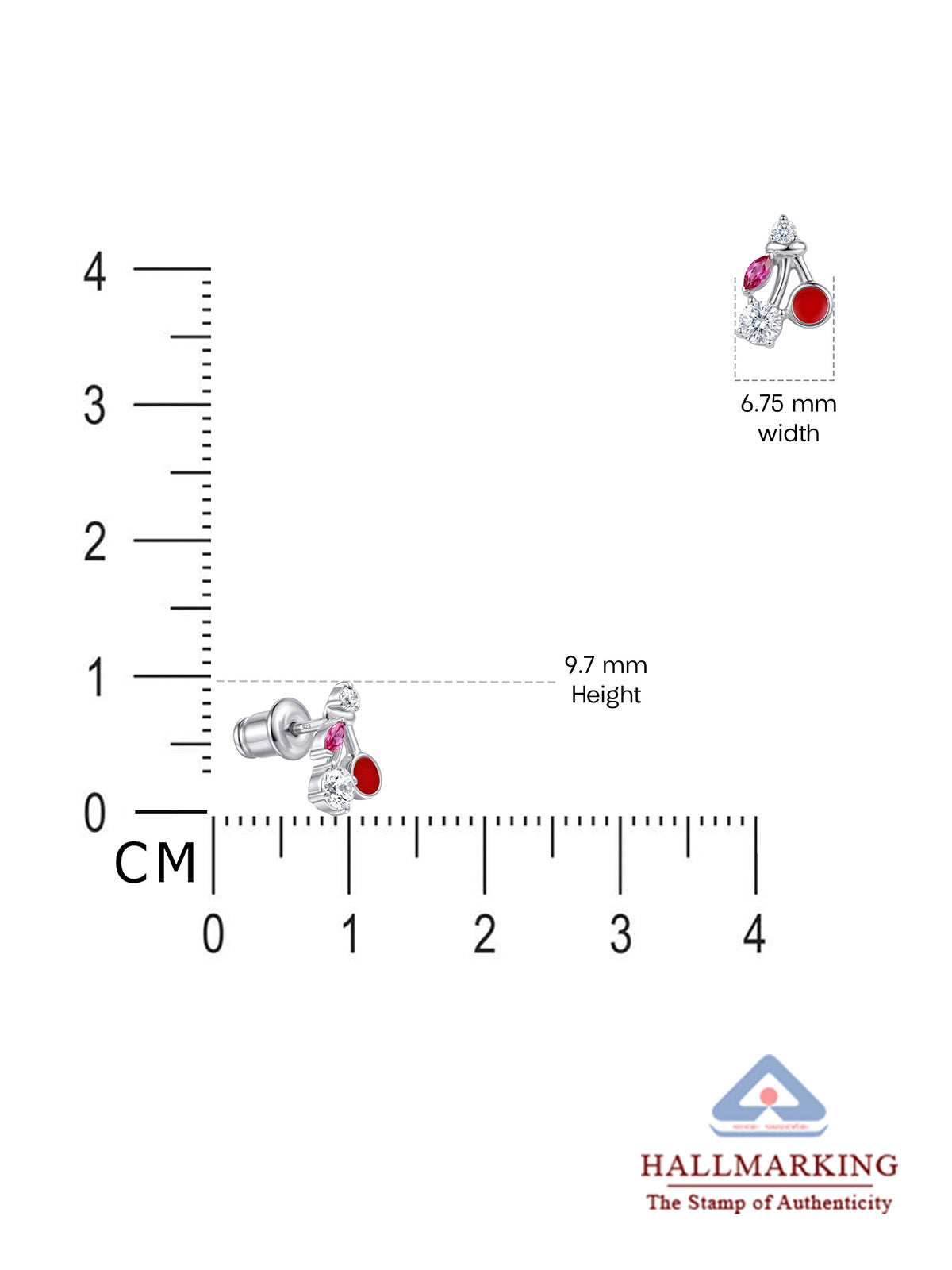 Enamel Cherry & Cubic Zirconia Silver Kids Stud Earrings