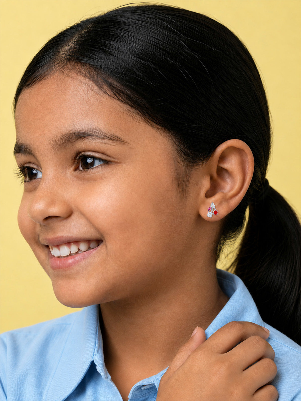 Enamel Cherry & Cubic Zirconia Silver Kids Stud Earrings