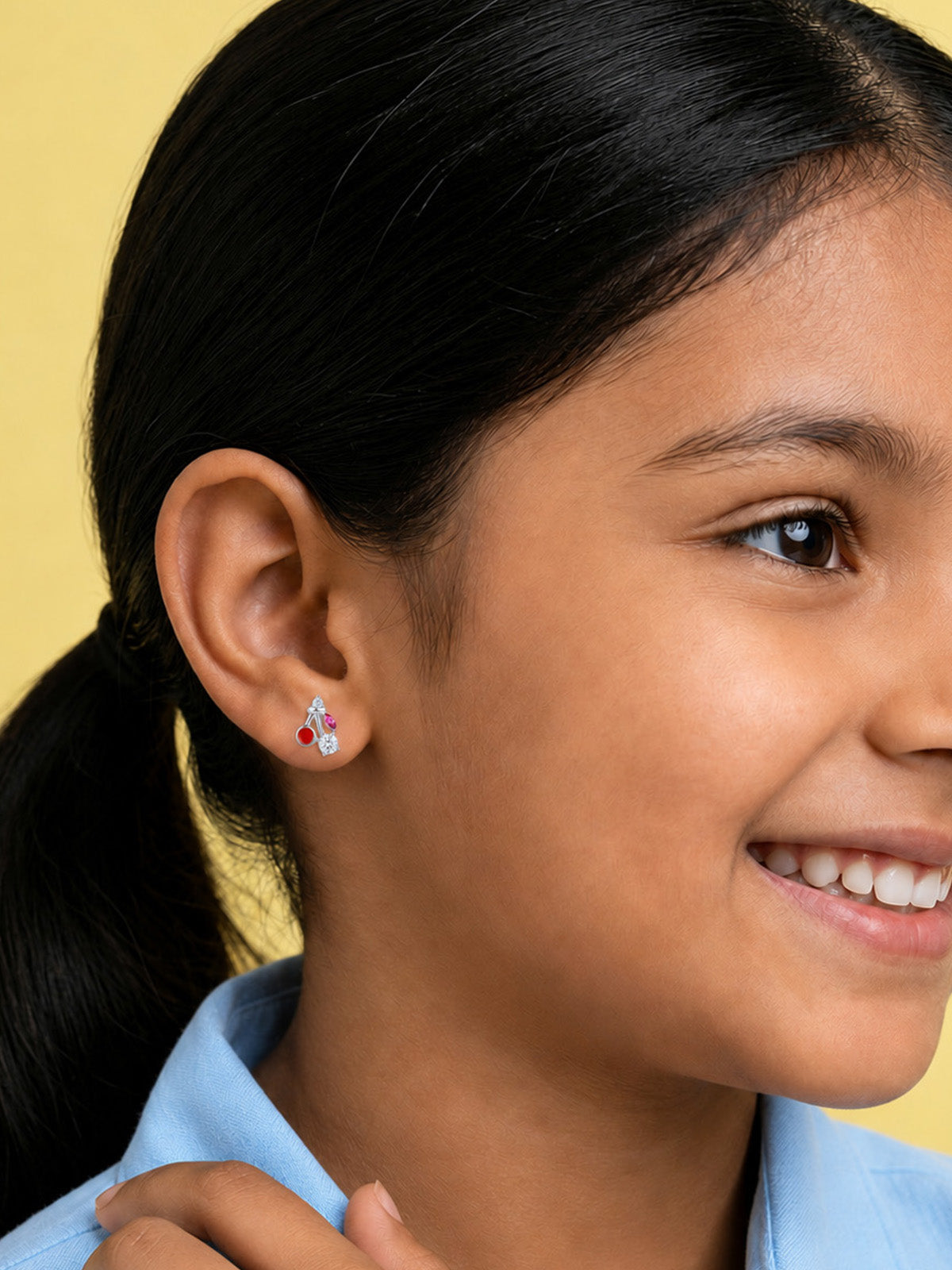 Enamel Cherry & Cubic Zirconia Silver Kids Stud Earrings