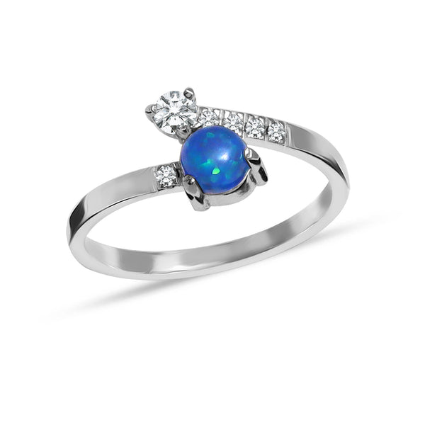 925 Sterling Silver Birthstone Open Adjustable Created Blue Opal White Cubic Zirconia Stackable Finger Ring for Women