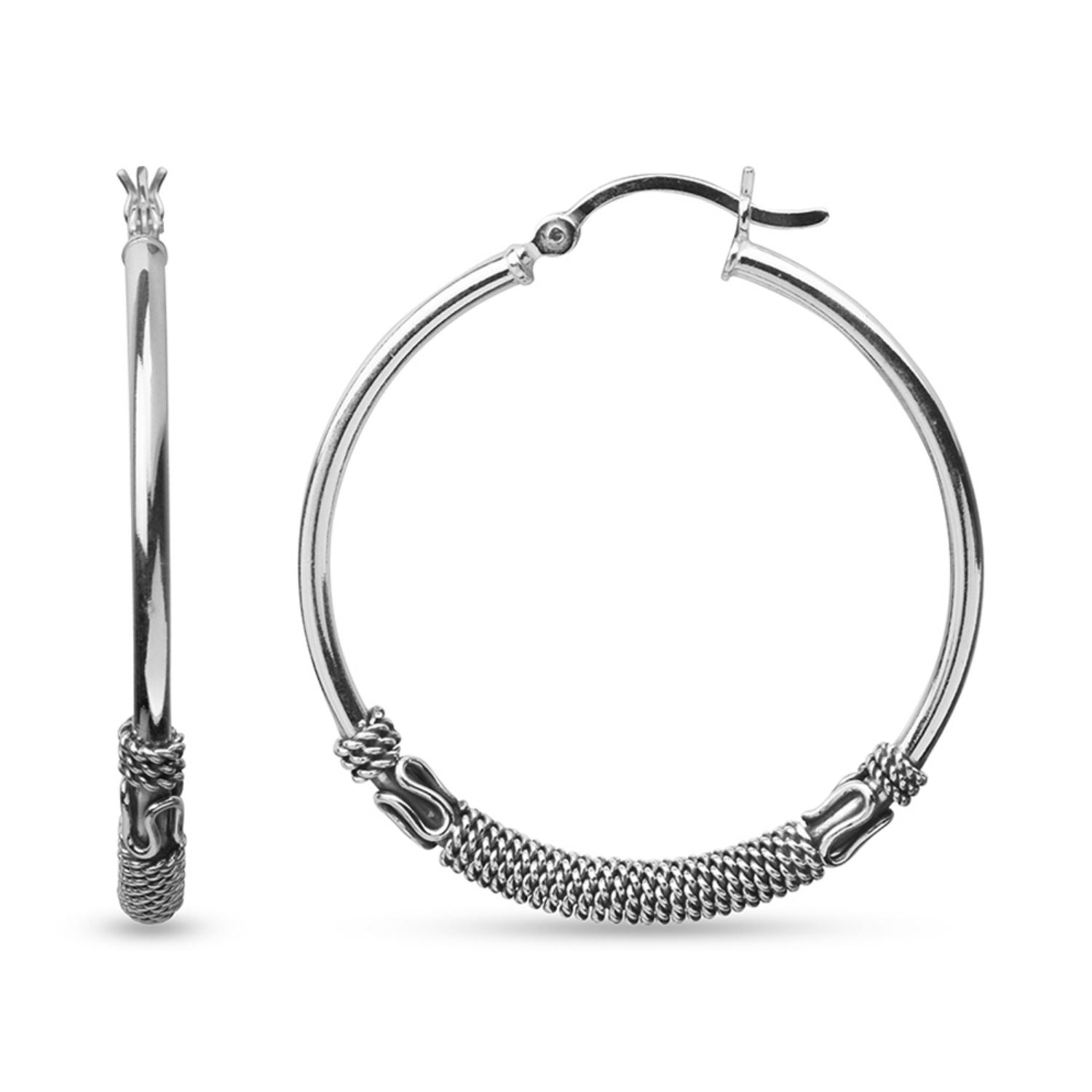 925 Sterling Silver Jewellery Light-Weight Antique Balinese Click-Top Hoop Earrings for Women