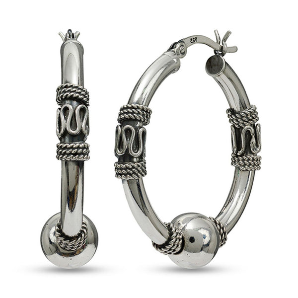 925 Sterling Silver Jewellery Light-Weight Bali Click-Top Hoop Earrings for Women - 1.2 inches