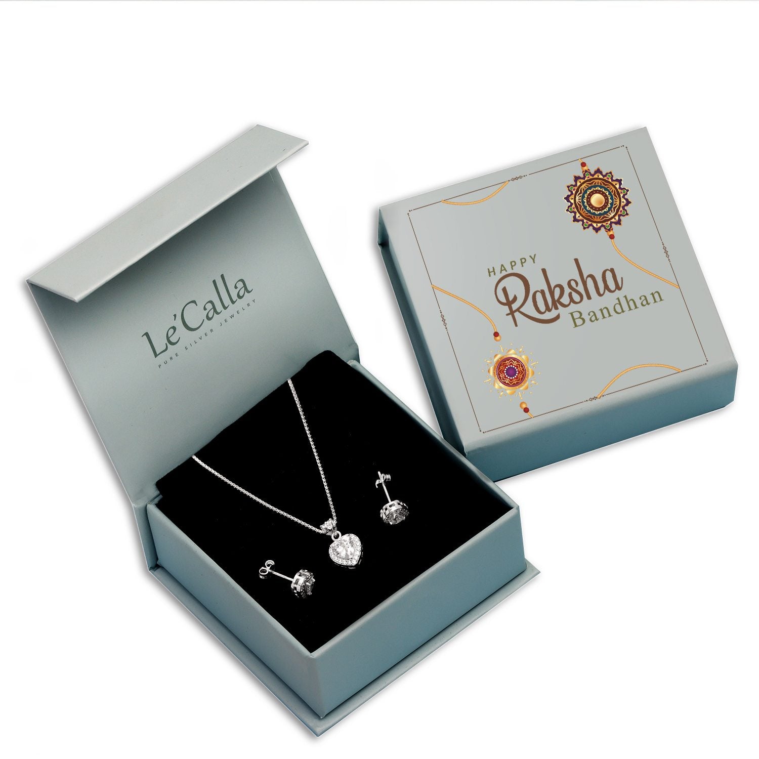 925 Sterling Silver CZ Heart Shape Pendant Necklace and Stud Earrings with Raksha Bandhan Gift Box For Sister