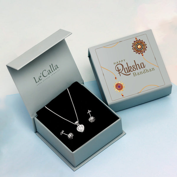 925 Sterling Silver CZ Heart Shape Pendant Necklace and Stud Earrings with Raksha Bandhan Gift Box For Sister