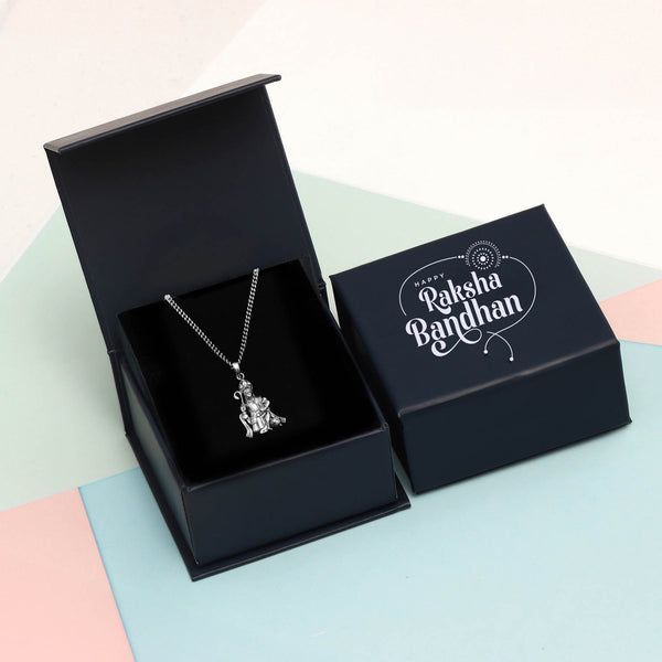 925 Sterling Silver CZ Antique Lord Hanuman Pendant Necklace with Raksha Bandhan Gift Box For Brother
