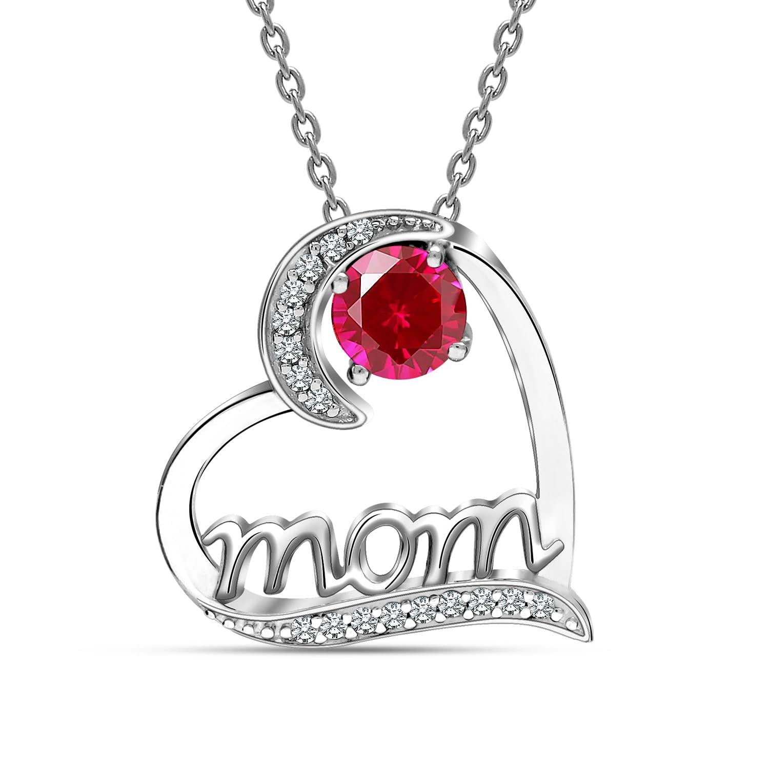 925 Sterling Silver Mom Love Heart Birthstone Pendant Necklace for Women